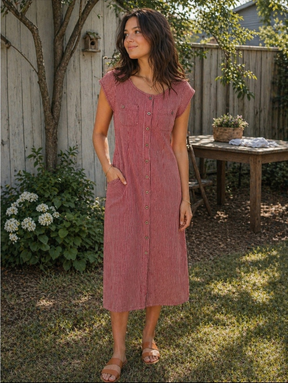 Vintage Isabella Bird red striped button-front women’s midi dress
